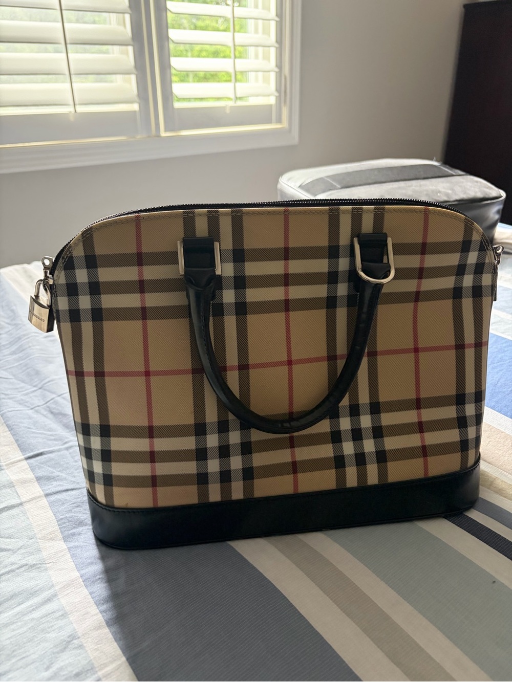 Burberry Beige Check Satchel with Black Trim